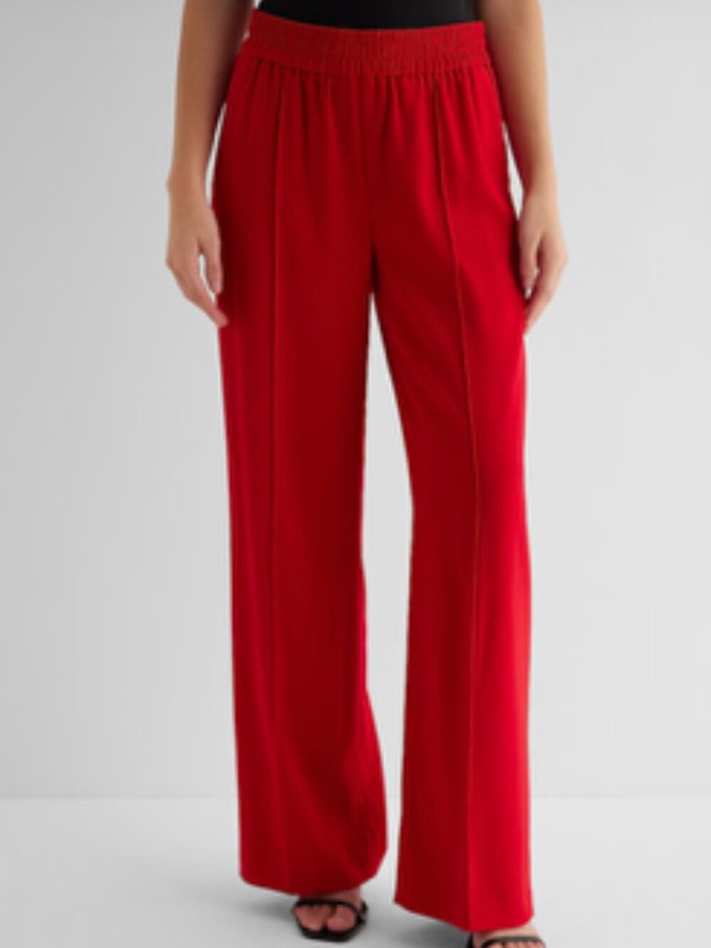 Express Red Crepe Front Topstitch Seams Wide Leg Wide Elastic Waistband Pants